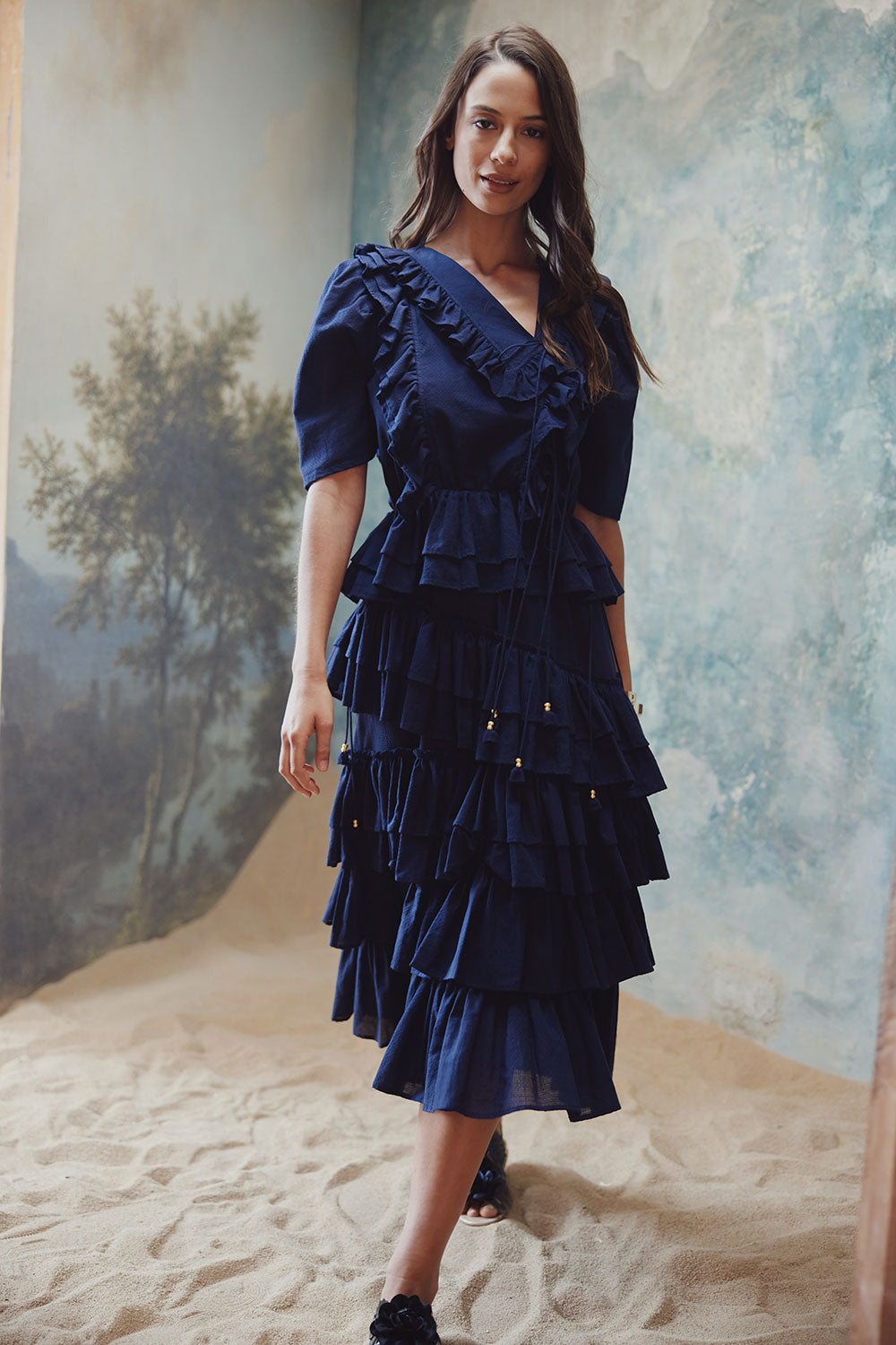 Blue ruffle midi dress hotsell