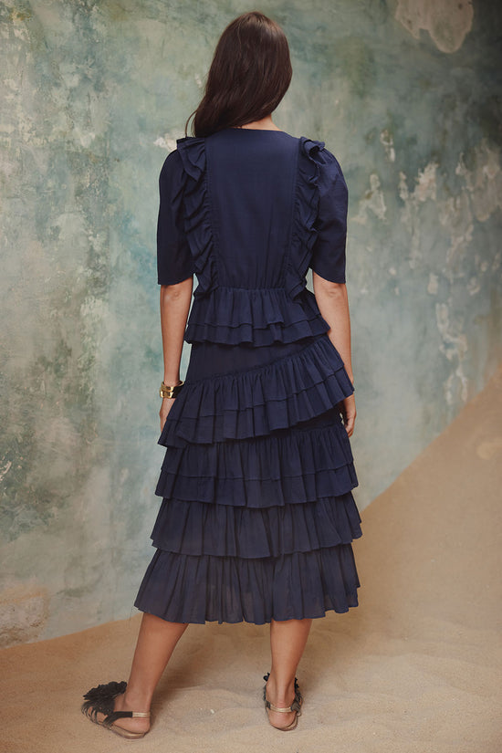 TIFFANY RUFFLE MIDI DRESS BLUE NUIT