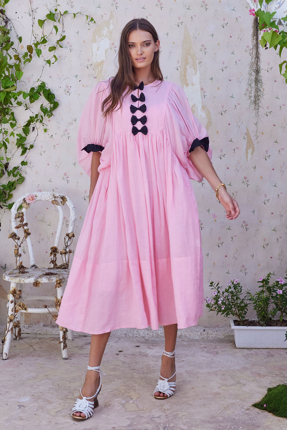 Pink and black midi dress hotsell