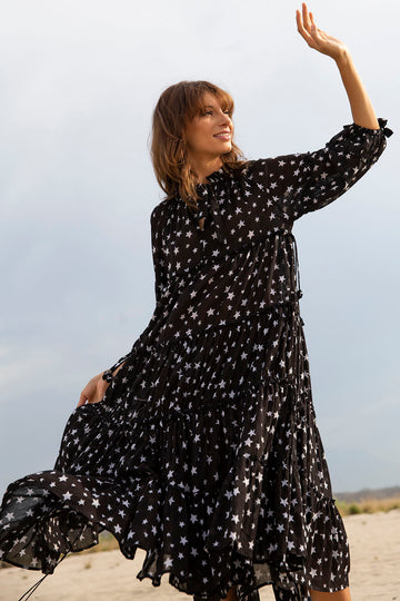 BELLAMY TEAR MONO STAR BLACK MIDI DRESS