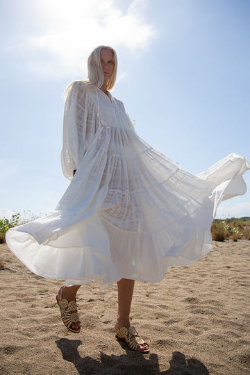 PANDORA MIXED EYELET OFF WHITE MIDI DRESS