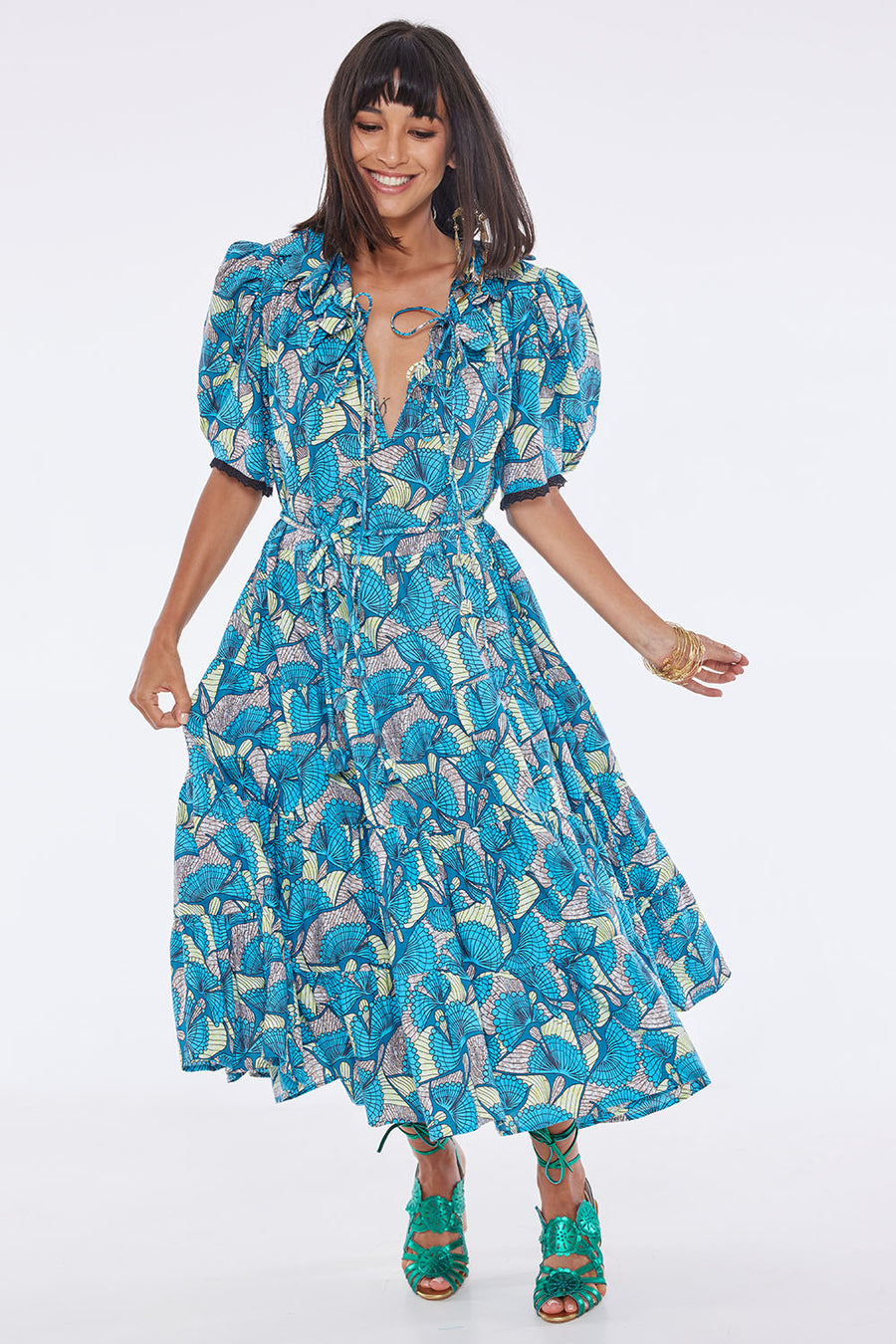 FRANCIS SCALLOP ZANZIBAR TURQUOISE LEMON MIDI DRESS