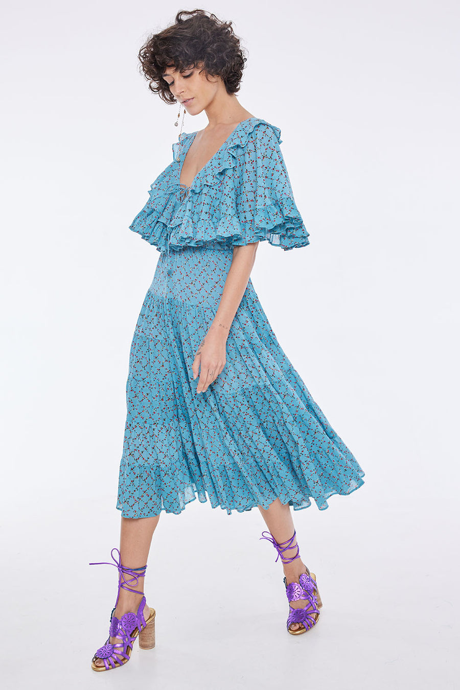 ZENEVIEVE RUFFLE FLOWER SQUARE CADET BLUE MIDI DRESS